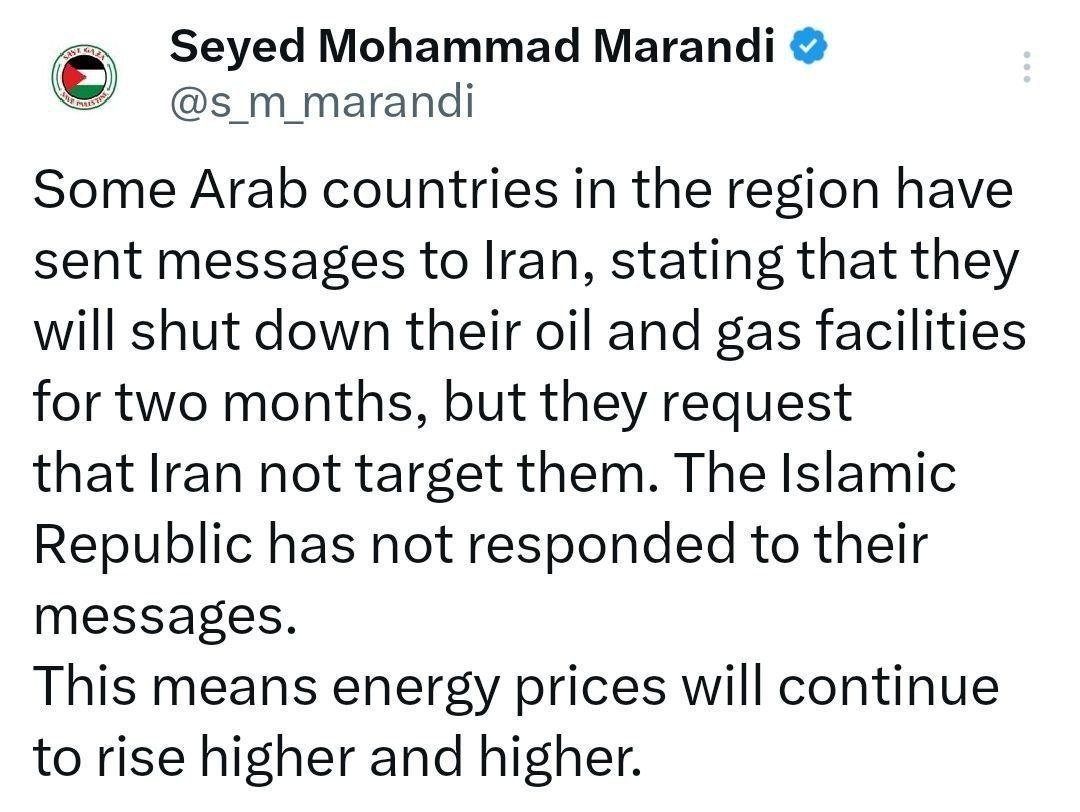توئیت سید محمد مرندی درباره درخواست بعضی کشورهای عربی منطقه از ایران 